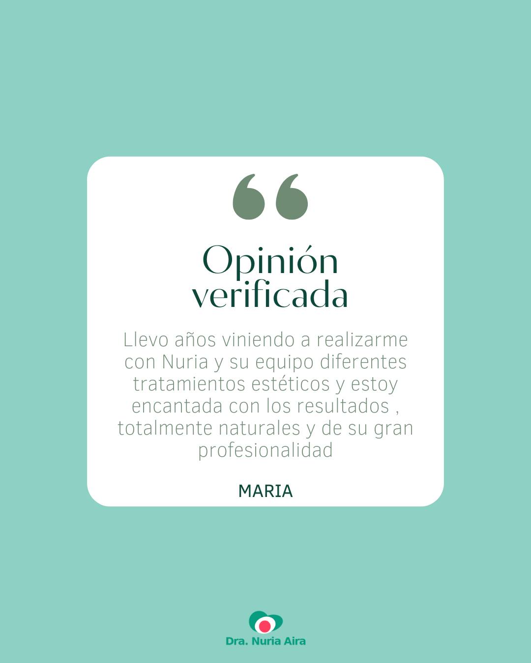 Cada opinión de nuestros clientes es un reflejo del compromiso y dedicación con los que trabajamos cada día💚

Gracias, María, por tus palabras y por confiar en nosotros durante tantos años. Nos llena de orgullo saber que los resultados naturales y nuestra profesionalidad son aspectos que valoras tanto.

En la Clínica Dra. Nuria, vuestra satisfacción y bienestar son nuestra mayor motivación✨

📅 Si quieres descubrir cómo podemos ayudarte a alcanzar tus objetivos estéticos, estaremos encantados de recibirte.

#OpiniónVerificada #ClientesFelices #CuidadoPersonalizado #BellezaNatural #MedicinaEstética #DraNuria